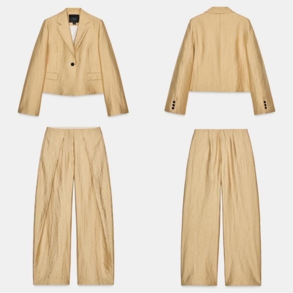 ZARA SET 2 pc METALLIC BLAZER JACKET AND WIDE PANTS GOLD SIZE S/M - Picture 10 of 13